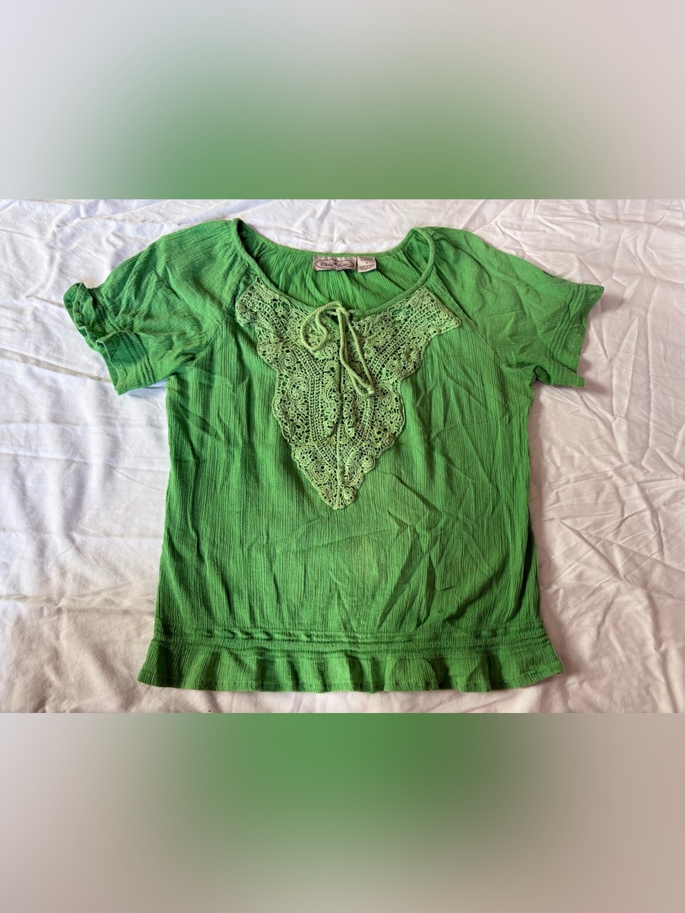 Green Crochet-Trim Peasant Top